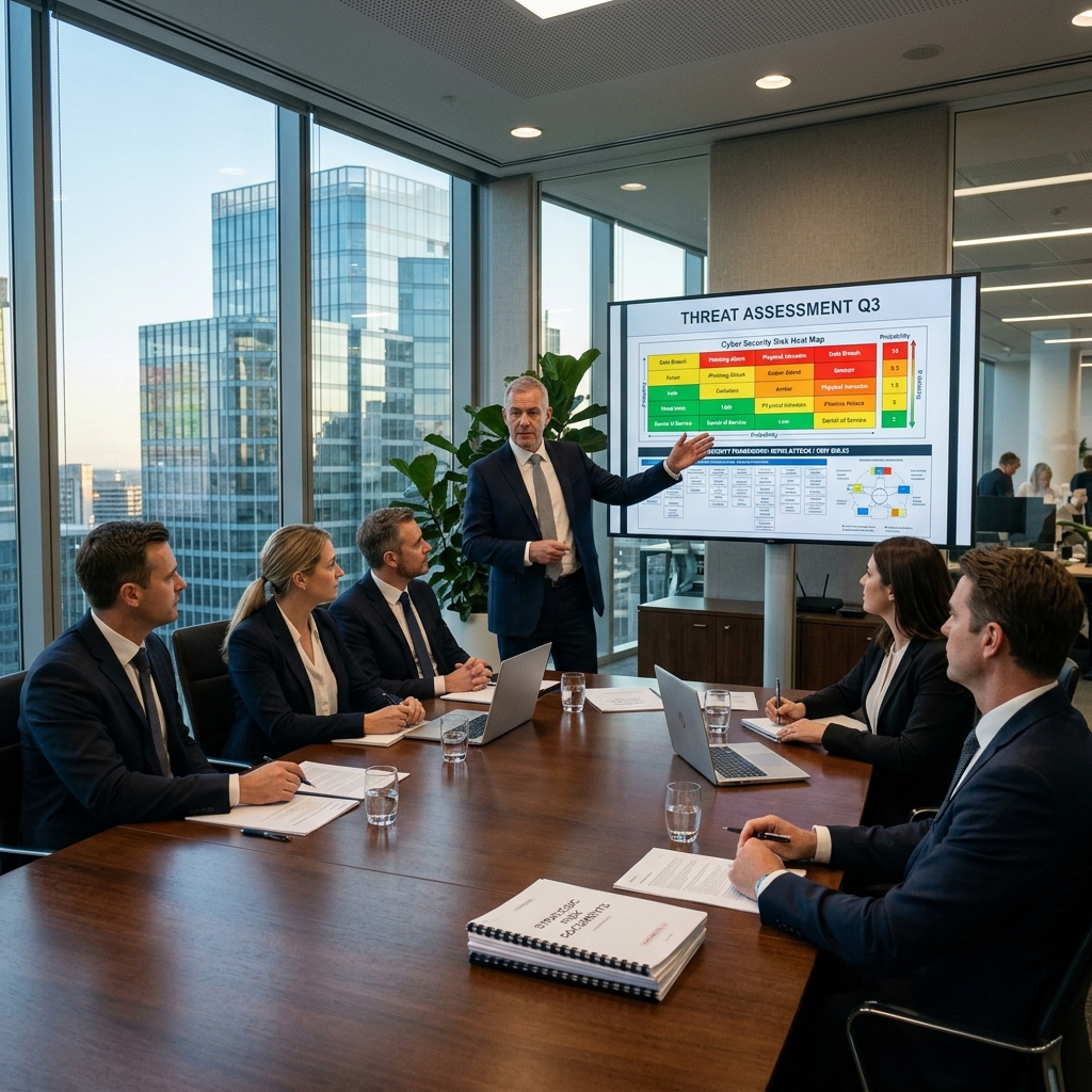 Senior risk consultant presenting threat assessment to corporate executives